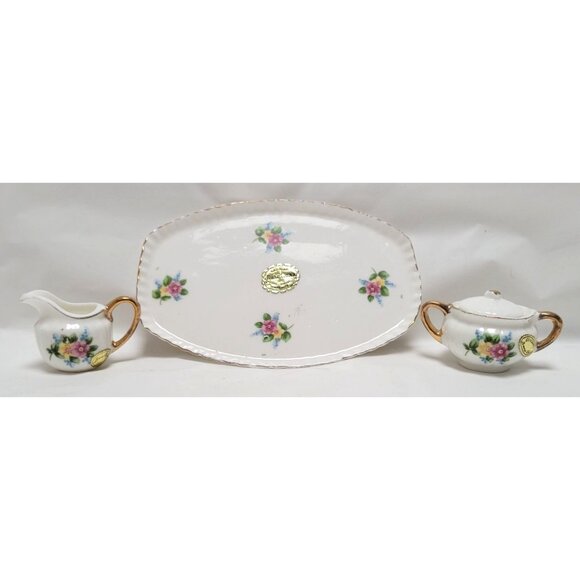 Vintage 4 Piece Miniature Bone China Creamer Sugar Tray Set Floral Gold Accents - Picture 1 of 11